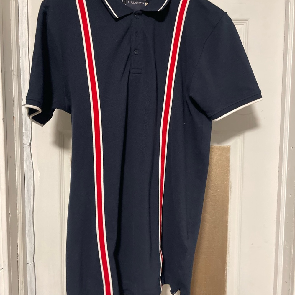 Denim & Flower Navy Polo with Red and White Vertical Stripes